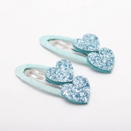 barrettes coeurs paillettes bleu ciel