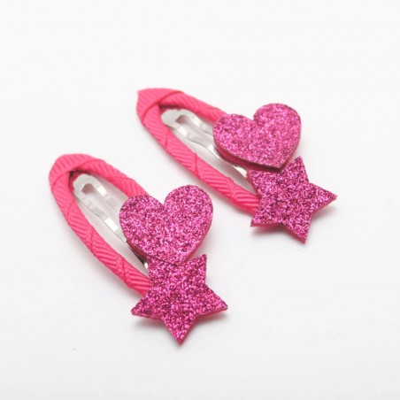 barrettes coeur & étoile paillettes fuchsia